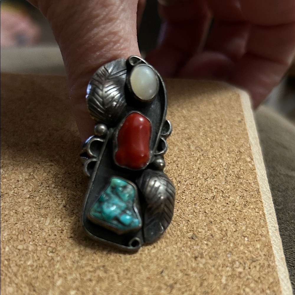 Artisan Silver Ring with Red, Turquoise, and White Stones